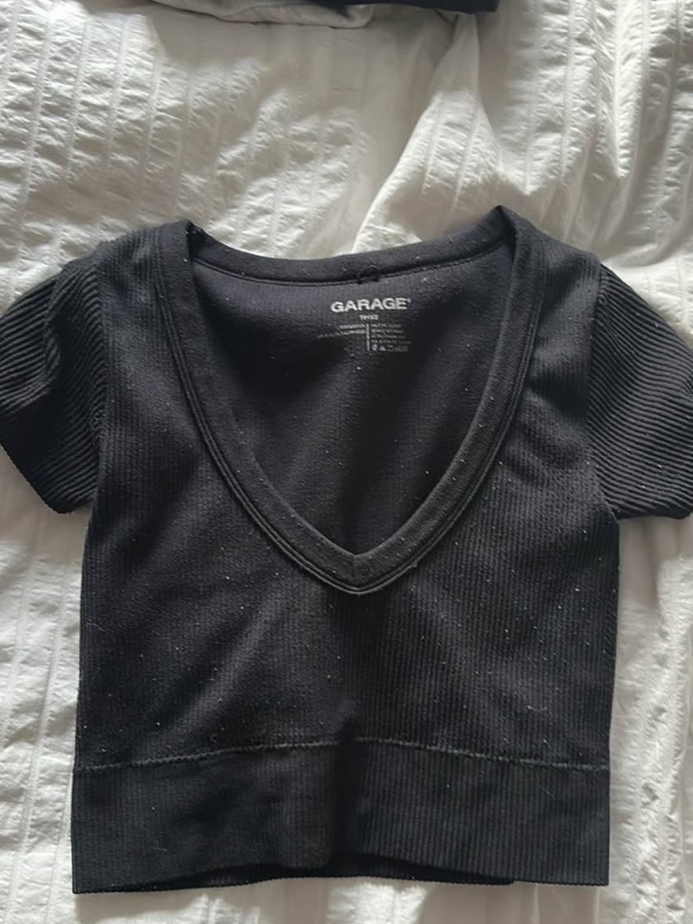Garage Black Ribbed V-Neck Short Sleeve Crop Top